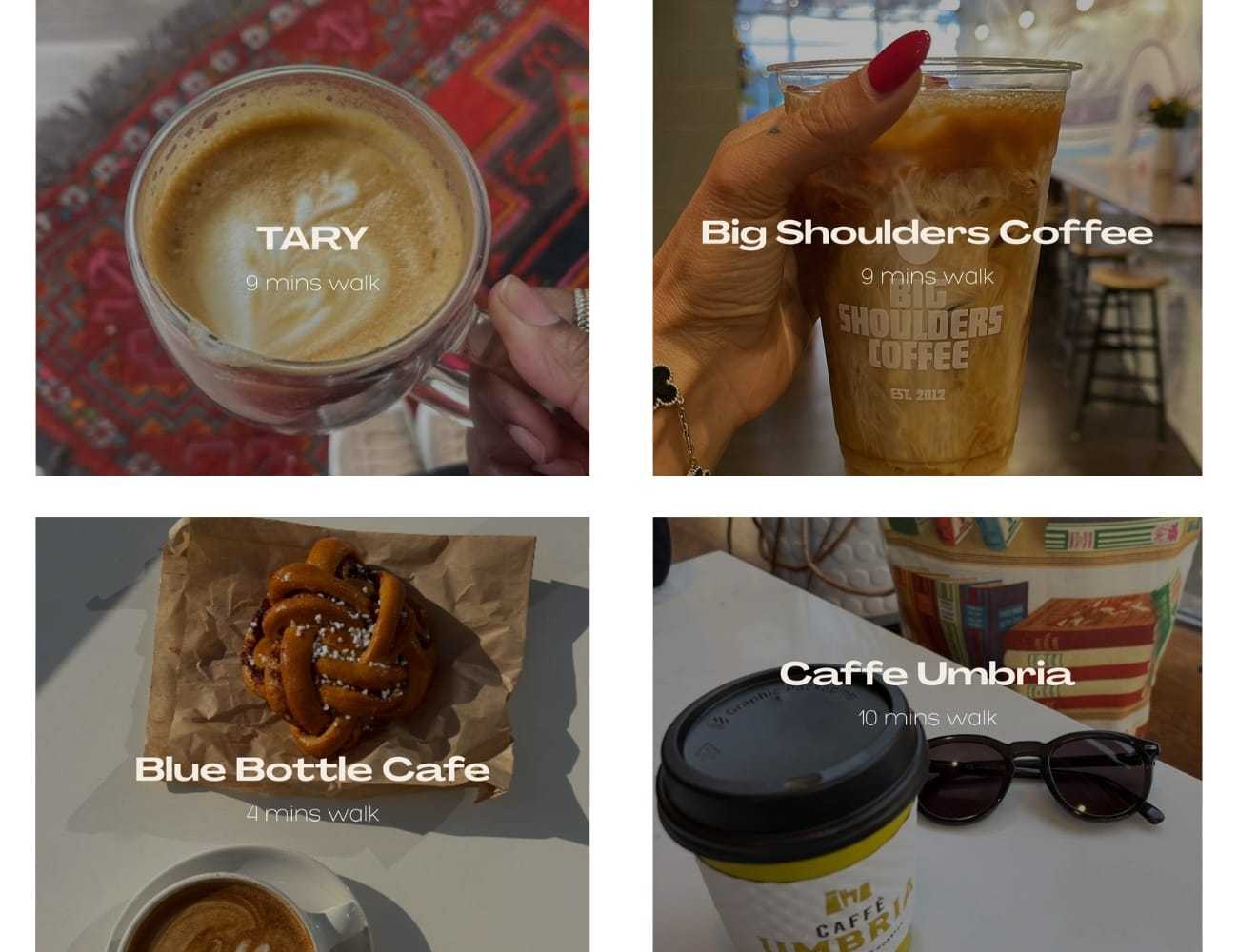 TARY and three coffee shops with drinks, distance, and walking times shown.